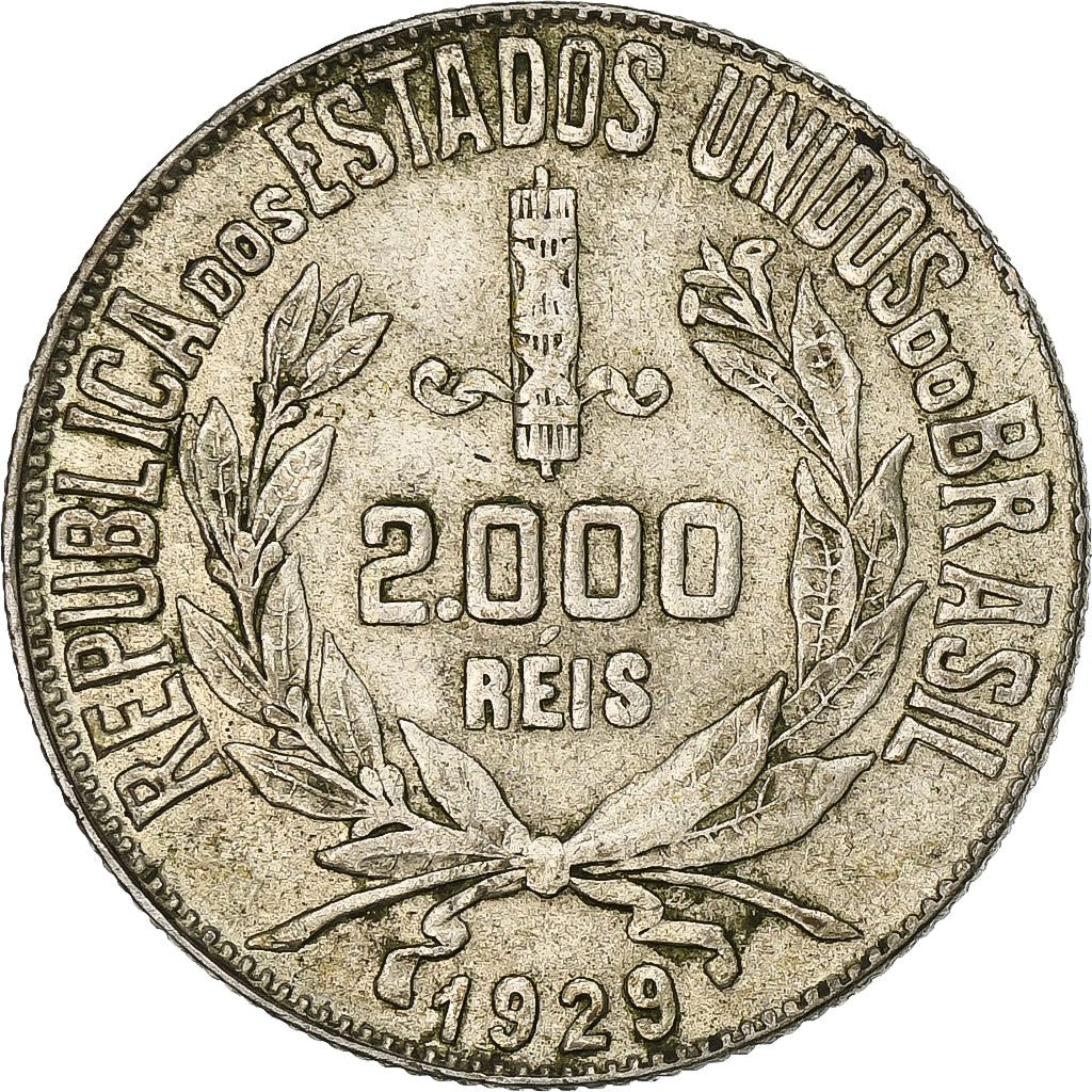 Coin, Brazil, 2000 Reis, 1929, AU(50-53), Silver, KM:526