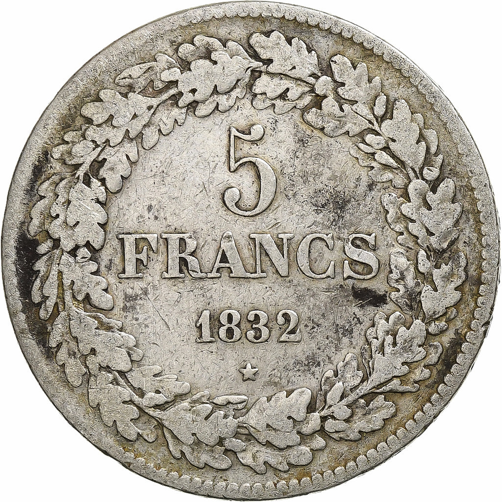 Bélgica, Leopold I, 5 Francs, 5 Frank, 1832, Brussels, Edge A, Plata, BC+