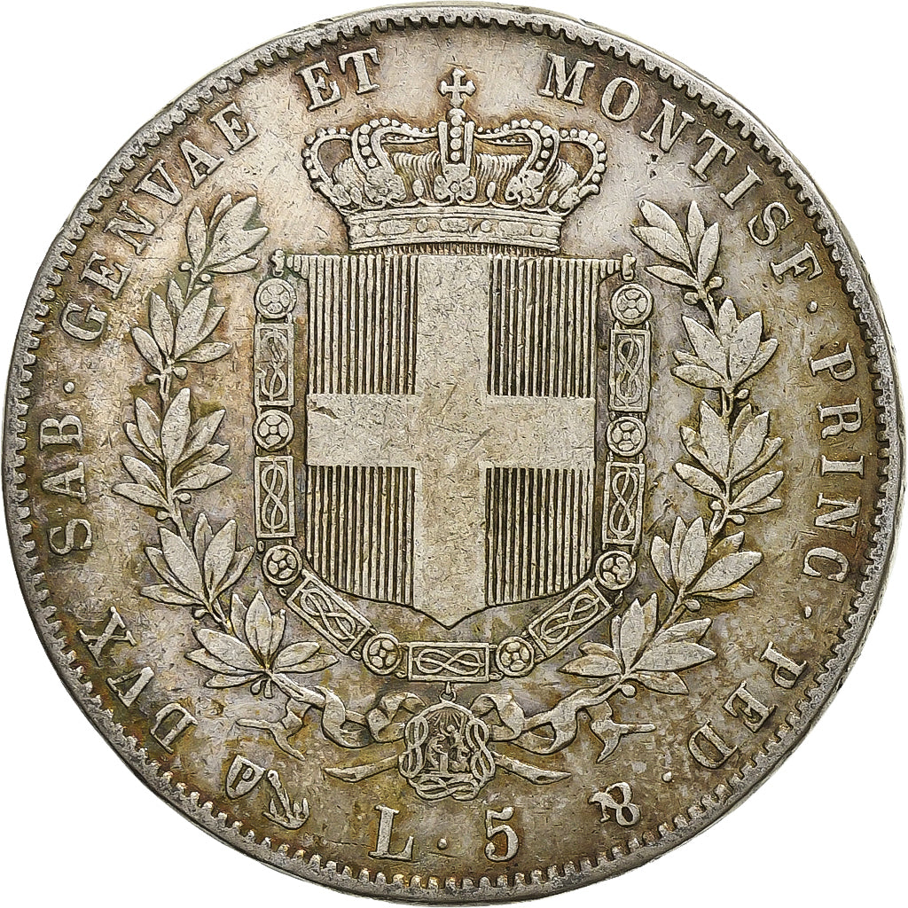 Moneta, DEPARTAMENTY WŁOSKIE, SARDINIA, Vittorio Emanuele II, 5 Lire, 1854