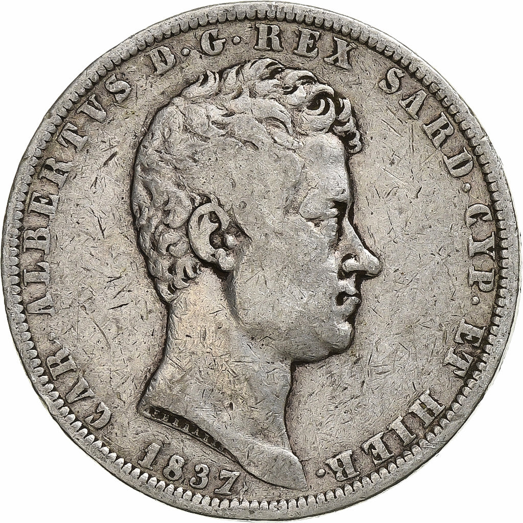 Moneda, Estados italianos, SARDINIA, Carlo Alberto, 5 Lire, 1837, Genoa, BC+
