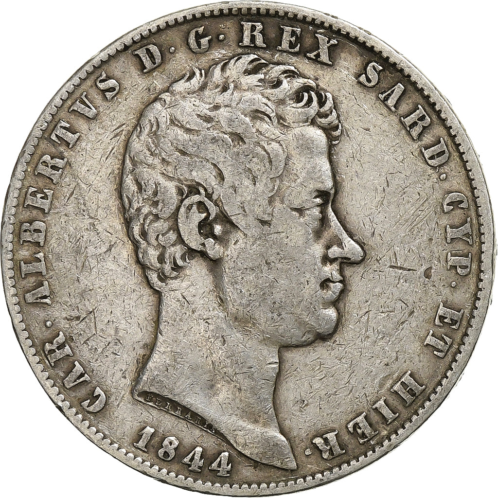 ITALIAN STATES, SARDINIA, Carlo Alberto, 5 Lire, 1844, Genoa, Silver, VF(30-35)