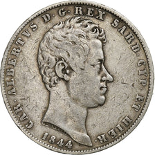 ITALIAN STATES, SARDINIA, Carlo Alberto, 5 Lire, 1844, Genoa, Silver, VF(30-35)