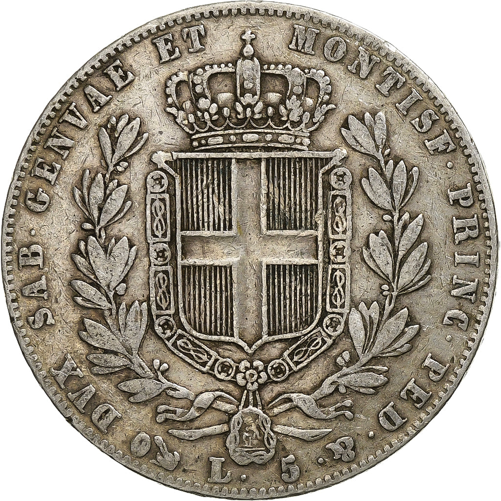 ITALIAN STATES, SARDINIA, Carlo Alberto, 5 Lire, 1844, Genoa, Silver, VF(30-35)