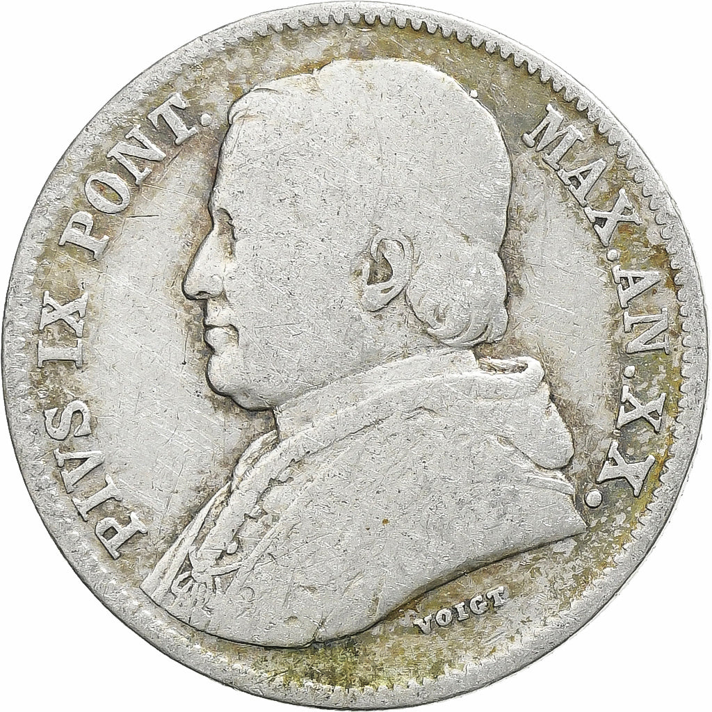 DEPARTAMENTY WŁOSKIE, PAPAL STATES, Pius IX, 20 Baiocchi, 1865, Rome, Srebro