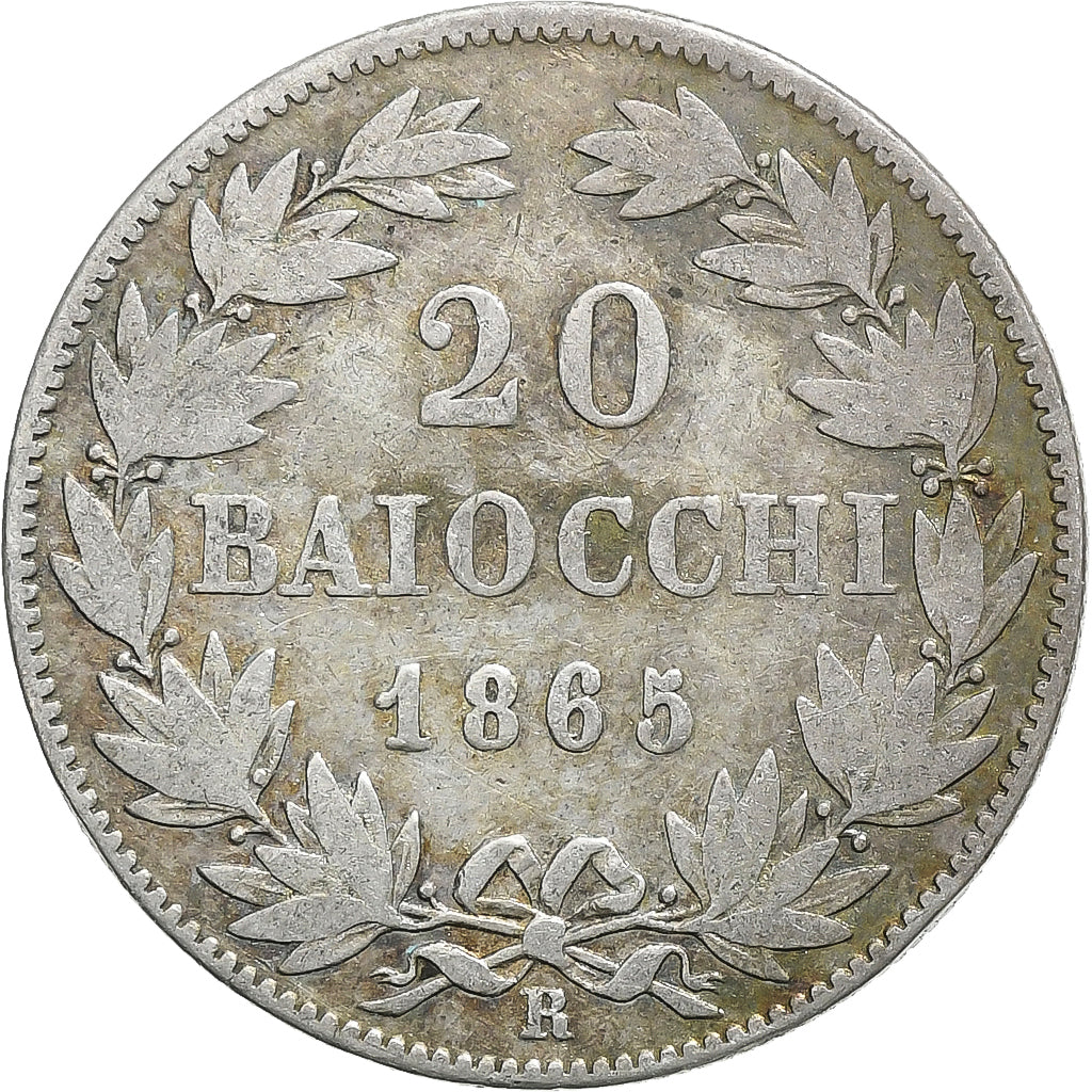 DEPARTAMENTY WŁOSKIE, PAPAL STATES, Pius IX, 20 Baiocchi, 1865, Rome, Srebro