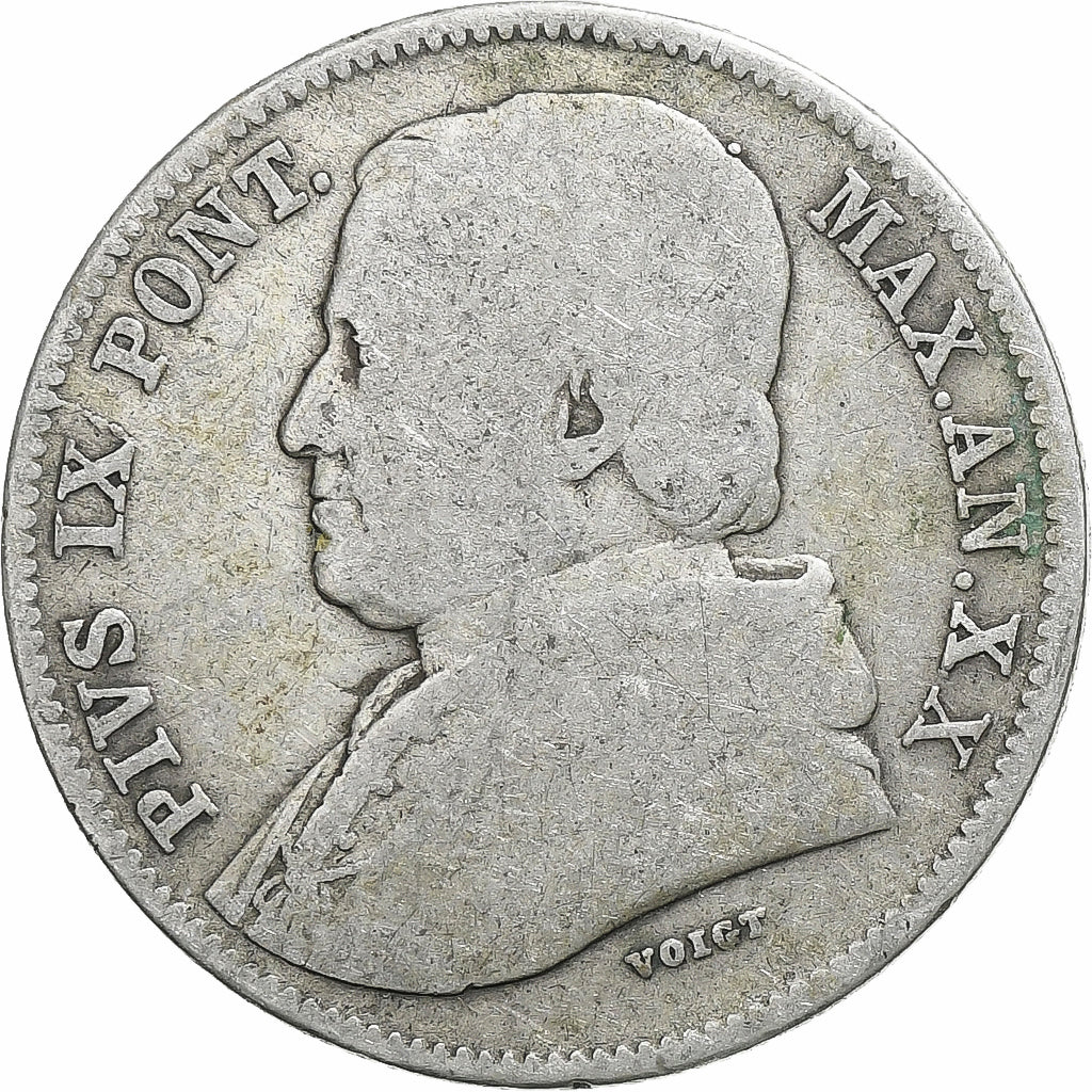 ESTADOS ITALIANOS, PAPAL STATES, Pius IX, 20 Baiocchi, 1865, Rome, Prata