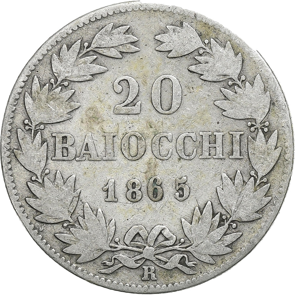 ESTADOS ITALIANOS, PAPAL STATES, Pius IX, 20 Baiocchi, 1865, Rome, Prata