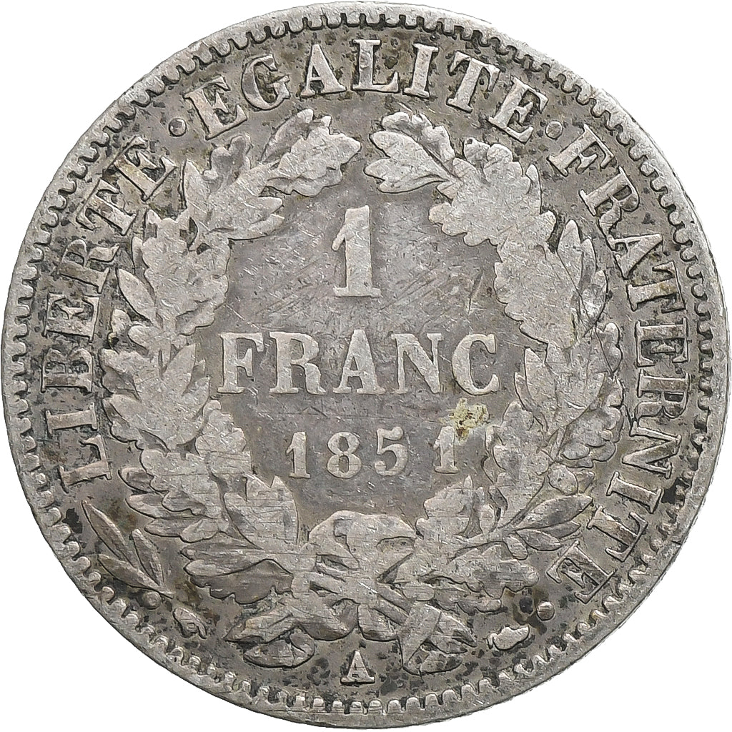 Francia, Franc, Cérès, 1851, Paris, Plata, BC+, Gadoury:457, KM:759.1