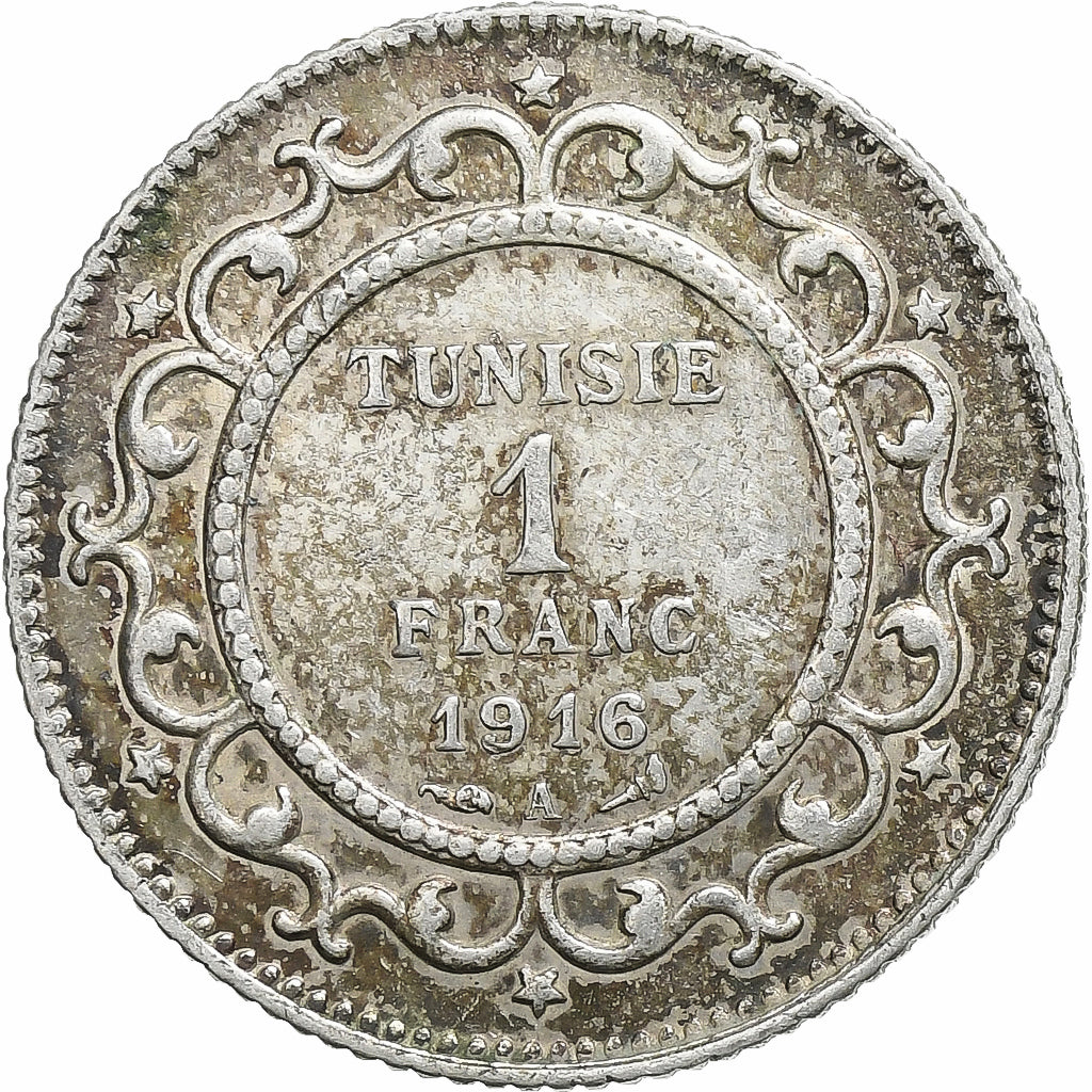 Tunisië, Muhammad al-Nasir Bey, Franc, 1916, Paris, Zilver, PR, KM:238