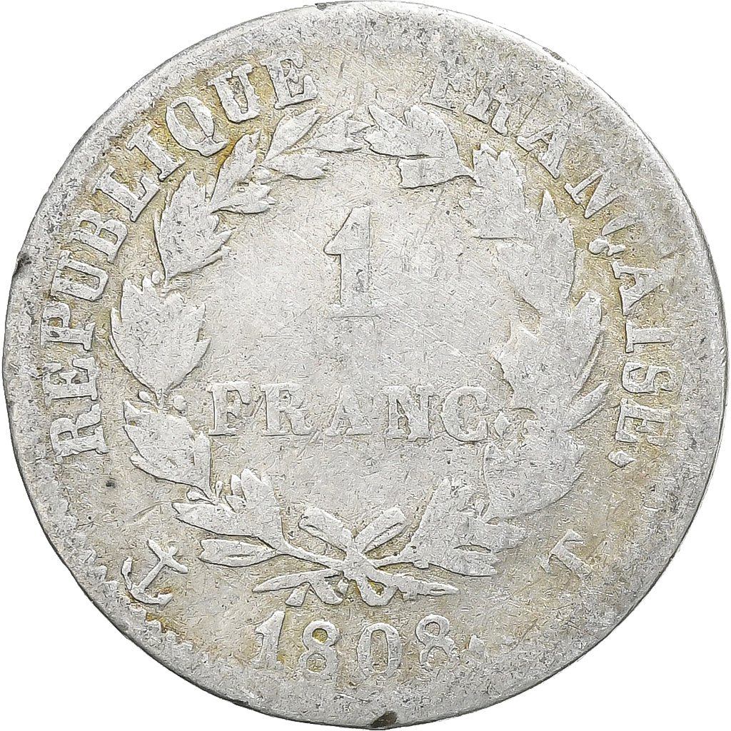 Moneda, Francia, Napoléon I, Franc, 1808, Nantes, BC+, Plata, Gadoury:446