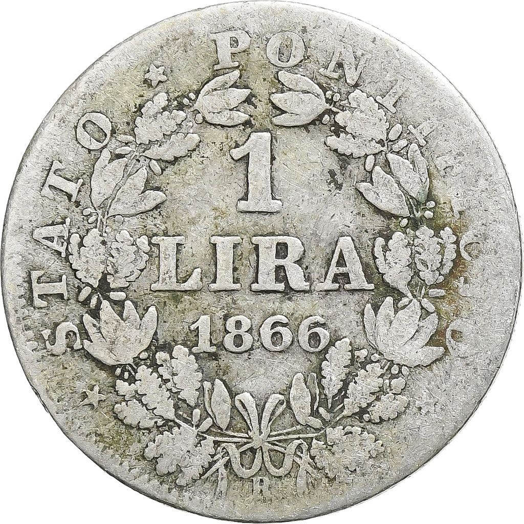 ITALIAN STATES, PAPAL STATES, Pius IX, Lira, 1866, Rome, Silver, VF(20-25)