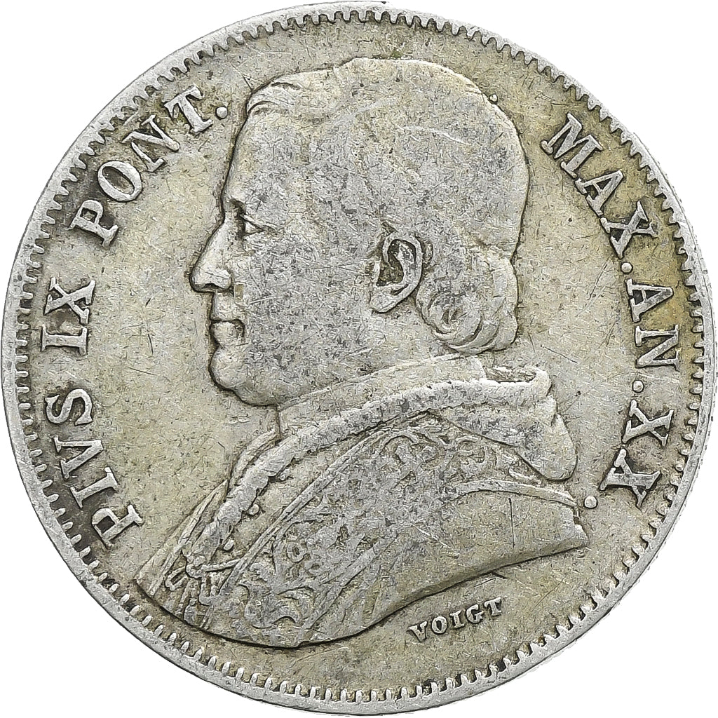 ITALIAN STATES, 20 Baiocchi, 1865, Roma, KM #1360, VF(30-35), Silver, 5.20
