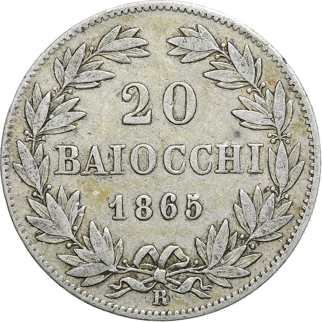 ITALIAN STATES, 20 Baiocchi, 1865, Roma, KM #1360, VF(30-35), Silver, 5.20