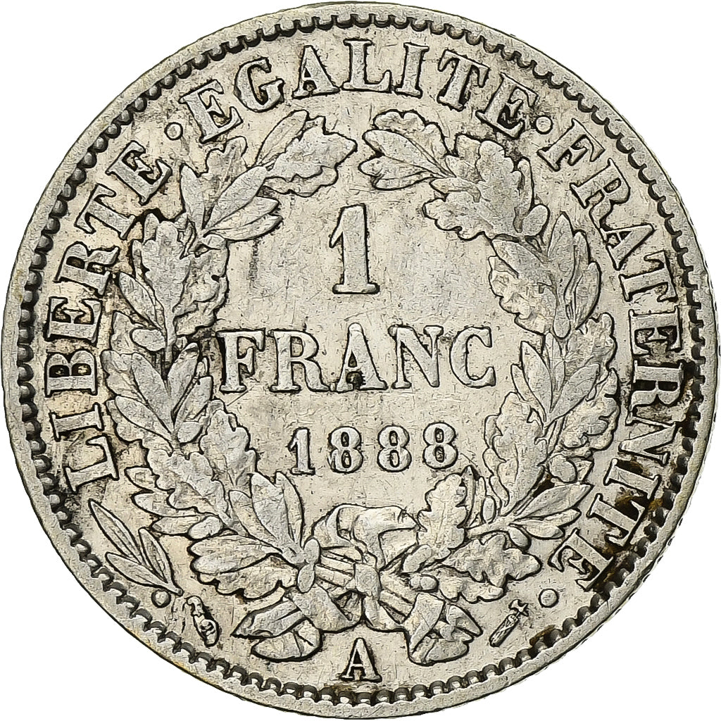 France, Cérès, Franc, 1888, Paris, VF(30-35), Silver, KM:822.1, Gadoury:465a