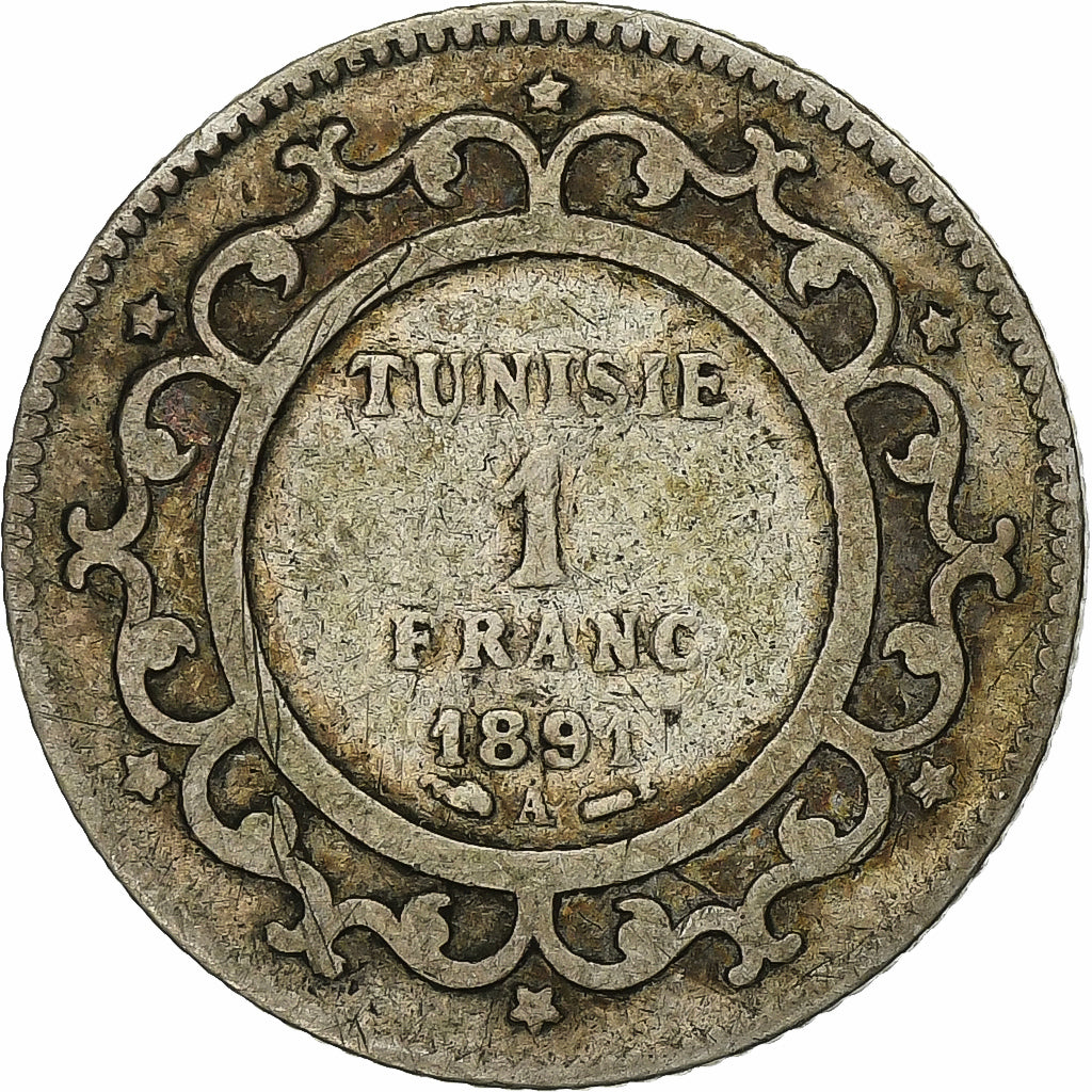 TUNISIA, Franc, 1891, Paris, KM #224, VF(20-25), Silver, Lecompte #189, 4.90