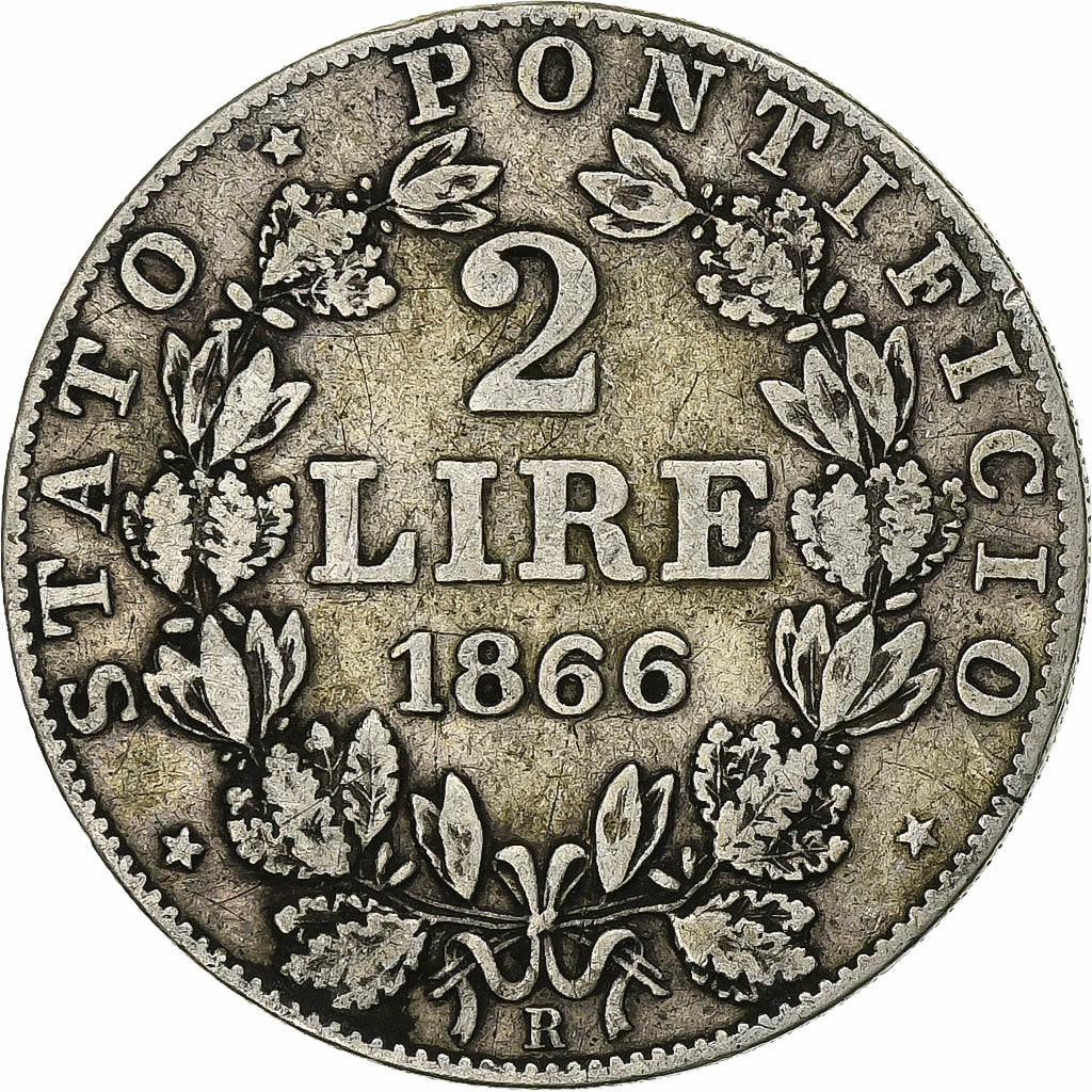 Italiaanse staten, PAPAL STATES, Pius IX, 2 Lire, 1866, Rome, Zilver, FR