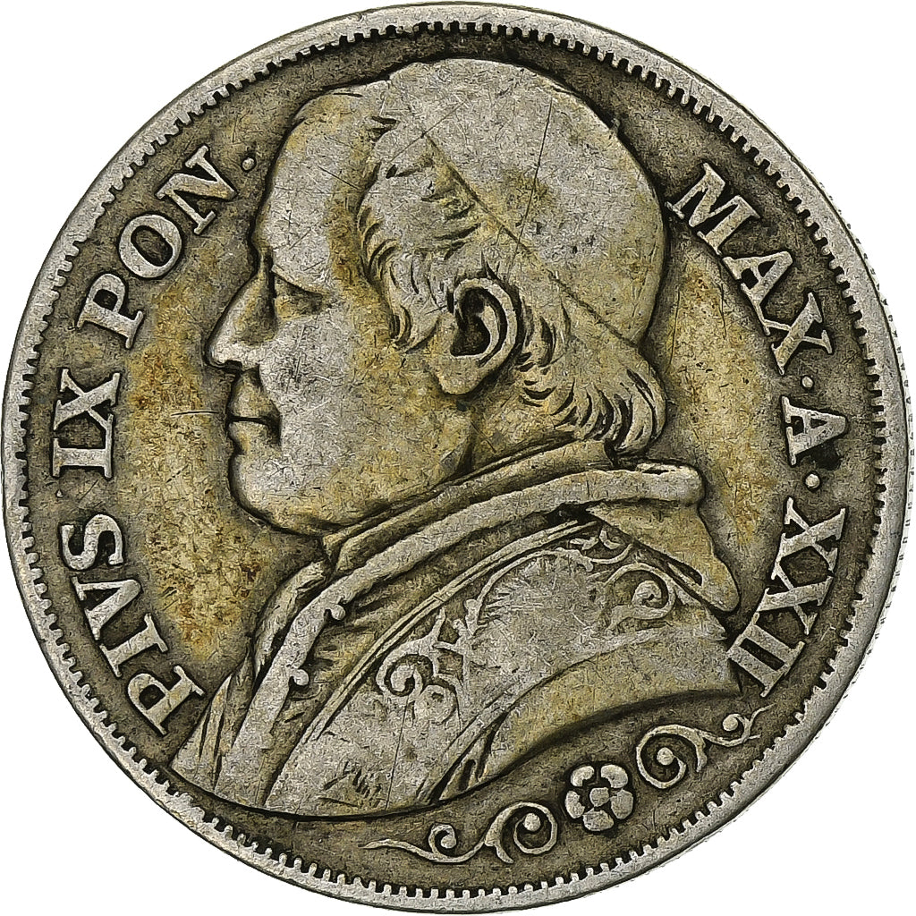 STATI ITALIANI, PAPAL STATES, Pius IX, 2 Lire, 1867, Roma, BB, Argento