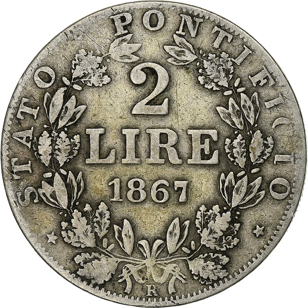 STATI ITALIANI, PAPAL STATES, Pius IX, 2 Lire, 1867, Roma, BB, Argento