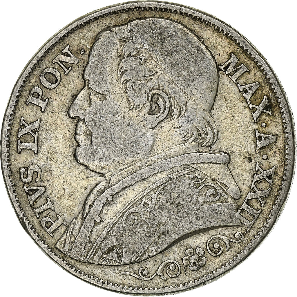 ESTADOS ITALIANOS, PAPAL STATES, Pius IX, 2 Lire, 1867, Rome, Prata, VF(30-35)