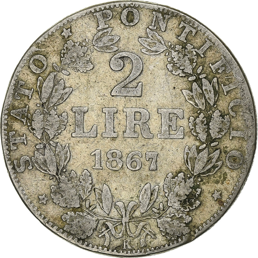 ESTADOS ITALIANOS, PAPAL STATES, Pius IX, 2 Lire, 1867, Rome, Prata, VF(30-35)