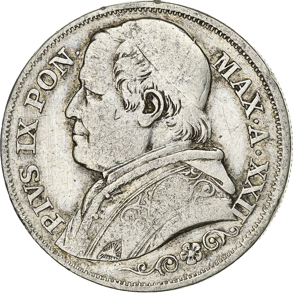 STATI ITALIANI, PAPAL STATES, Pius IX, 2 Lire, 1867, Rome, Argento, MB+