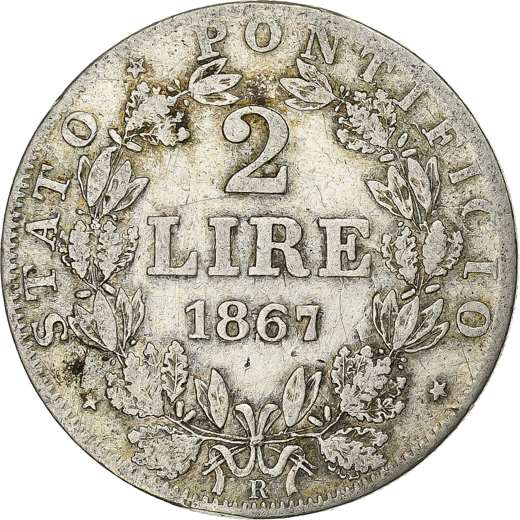 STATI ITALIANI, PAPAL STATES, Pius IX, 2 Lire, 1867, Rome, Argento, MB+
