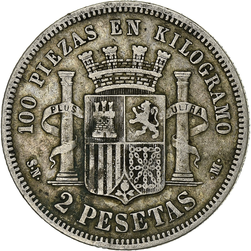Spain, Provisional Government, 2 Pesetas, 1870, Madrid, EF(40-45), Silver