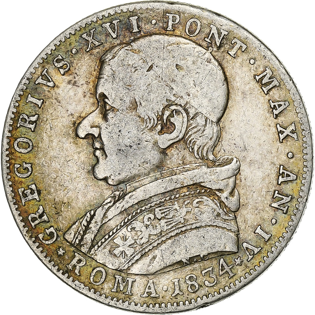 ITALIAN STATES, 30 Baiocchi, 1834, Rome, VATICAN et Etats pontificaux, Silver