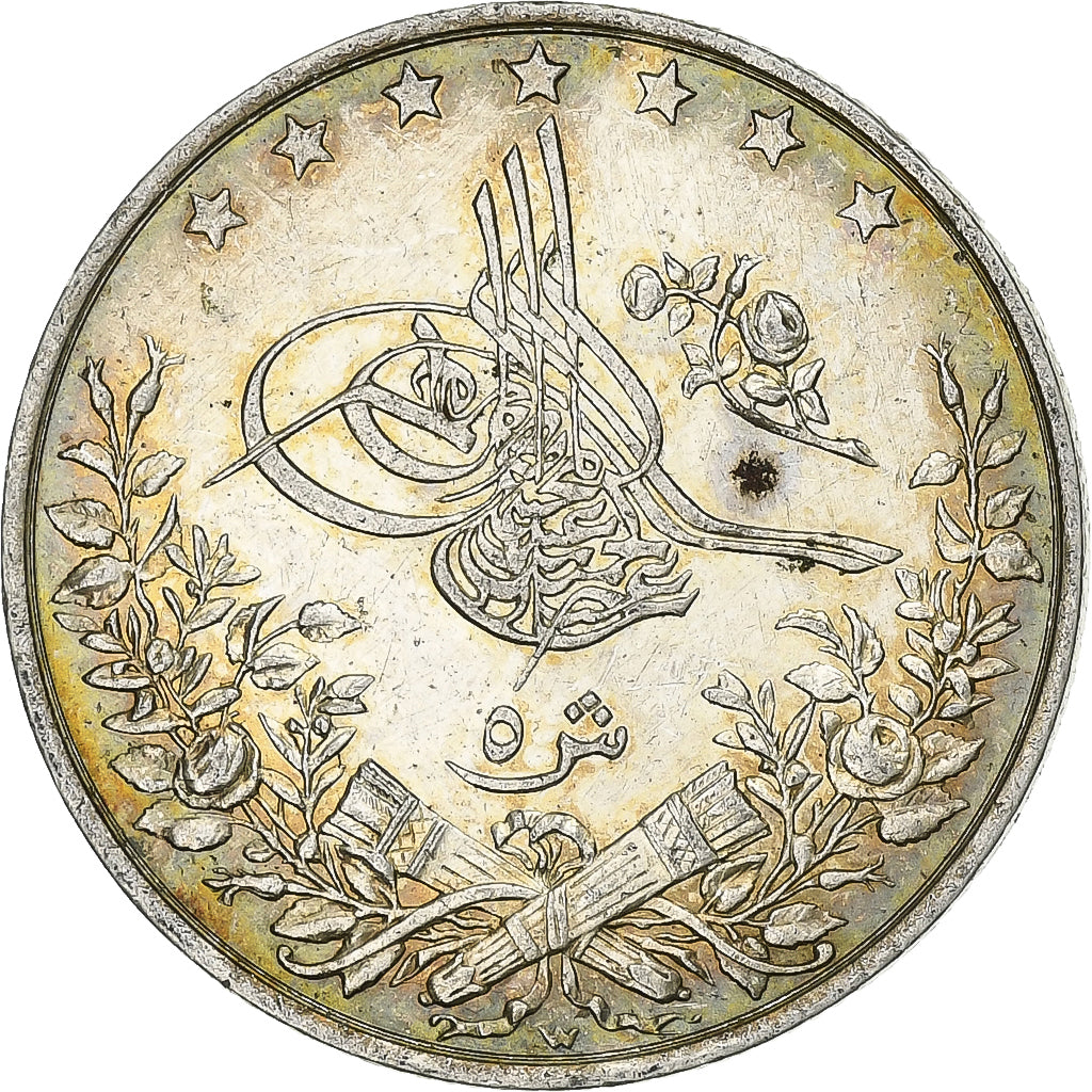 Egypt, Abdul Hamid II, 5 Qirsh, 1906, Silver, MS(60-62), KM:294