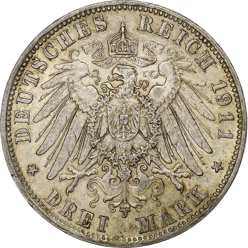 Moeda, Estados Alemães, BAVARIA, Otto, 3 Mark, 1911, Munich, AU(50-53), Prata
