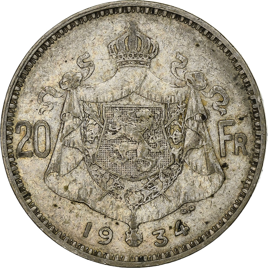 Belgium, 20 Francs, 1934, Brussels, Silver, VF(30-35)