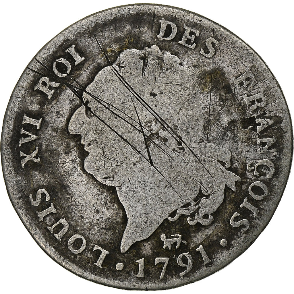 Moeda, França, 30 sols françois, 30 Sols, 1791, Paris, F(12-15), Prata
