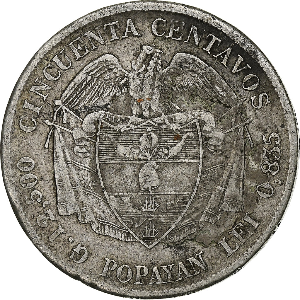 Colombia, 50 Centavos, 1880, Medellin, Silver, VF(30-35), KM:161.1