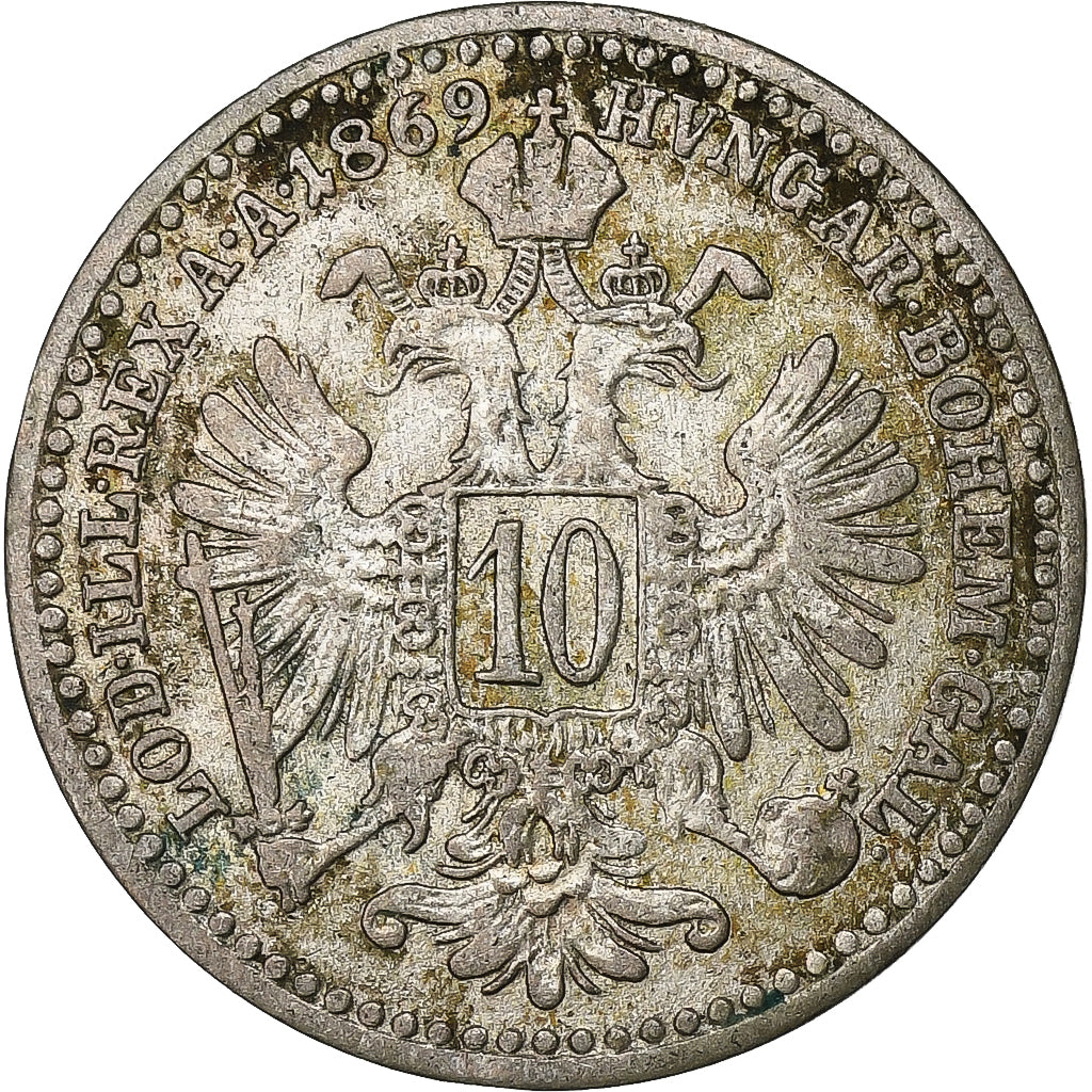 AUSTRIA, 10 Kreuzer, 1869, Vienne, KM #2206, EF(40-45), Silver, 1.50