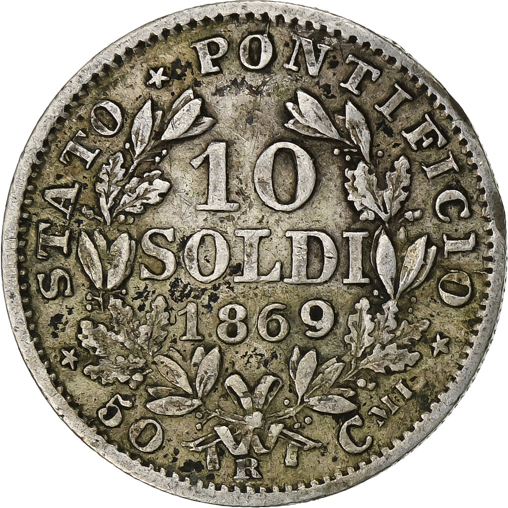 ITALIAN STATES, 10 Soldi, 50 Centesimi, 1869, Roma, KM #1386.1, EF(40-45),...