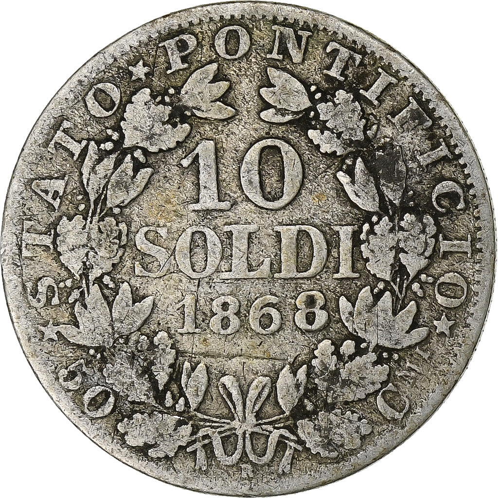 ITALIAN STATES, PAPAL STATES, Pius IX, 10 Soldi, 1868 XXIII, Rome, VF(30-35)