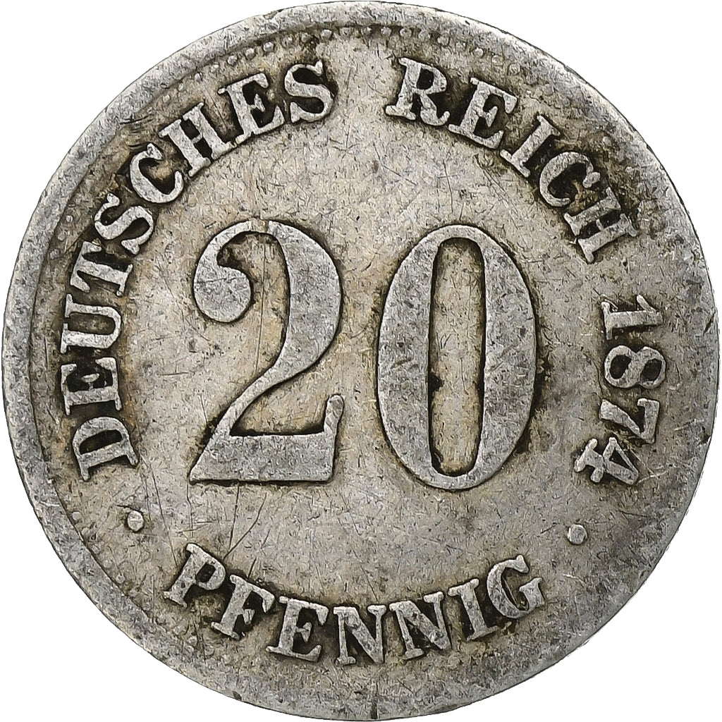 GERMANY - EMPIRE, Wilhelm I, 20 Pfennig, 1874, Stuttgart, Silver, VF(30-35)