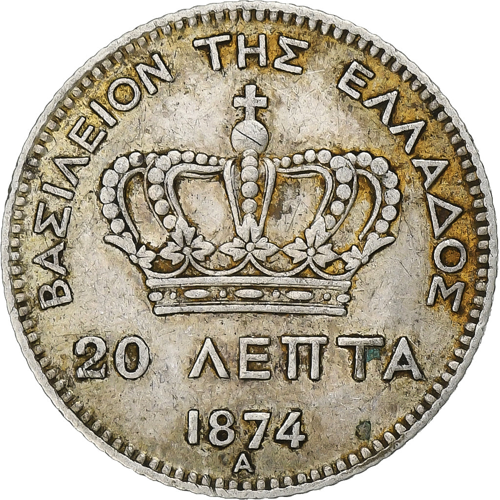 Munten, Griekenland, George I, 20 Lepta, 1874, Paris, ZF, Zilver, KM:44