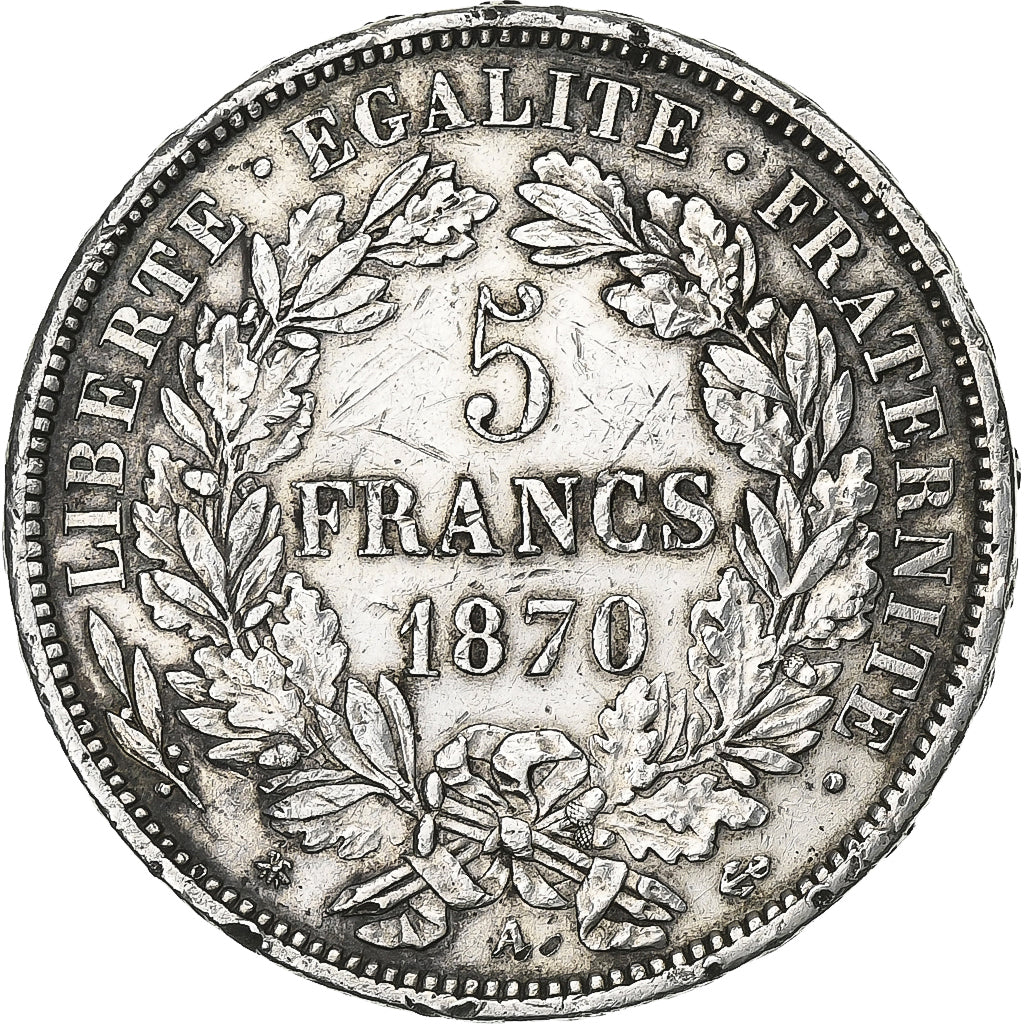 France, Cérès, 5 Francs, 1870, Paris, VF(30-35), Silver, KM:819, Gadoury:743