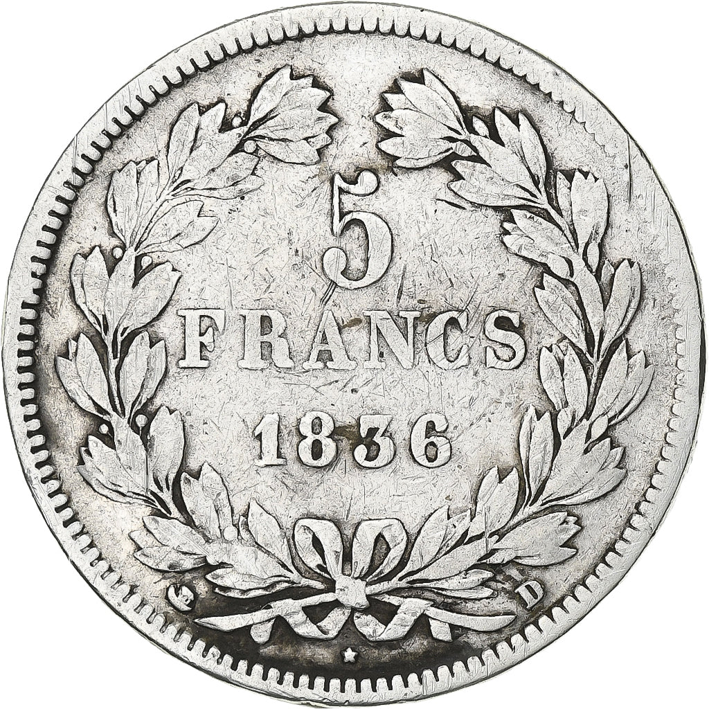 Moneda, Francia, Louis-Philippe, 5 Francs, 1836, Lyon, BC+, Plata, KM:749.4