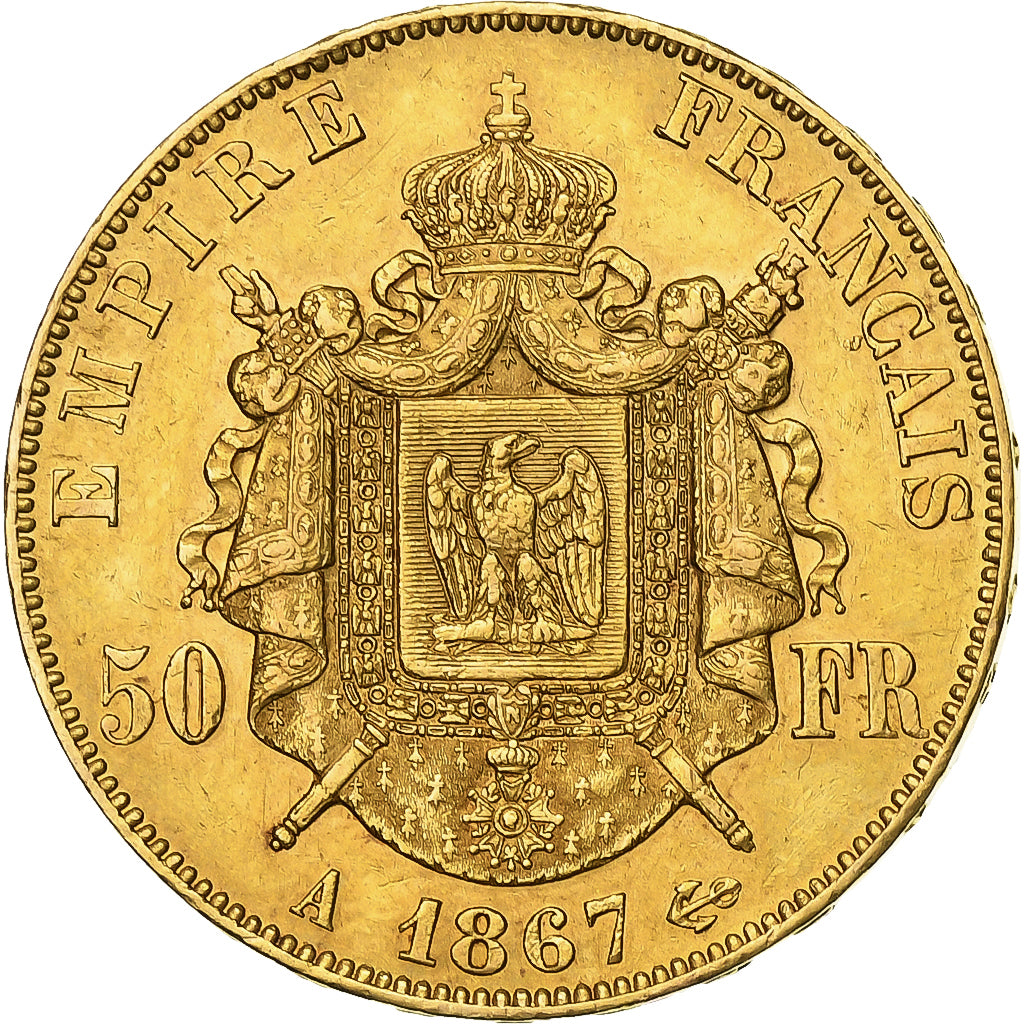 France, Napoleon III, 50 Francs, 1867, Paris,EF(40-45),Gold,KM 804.1,Gadoury1112