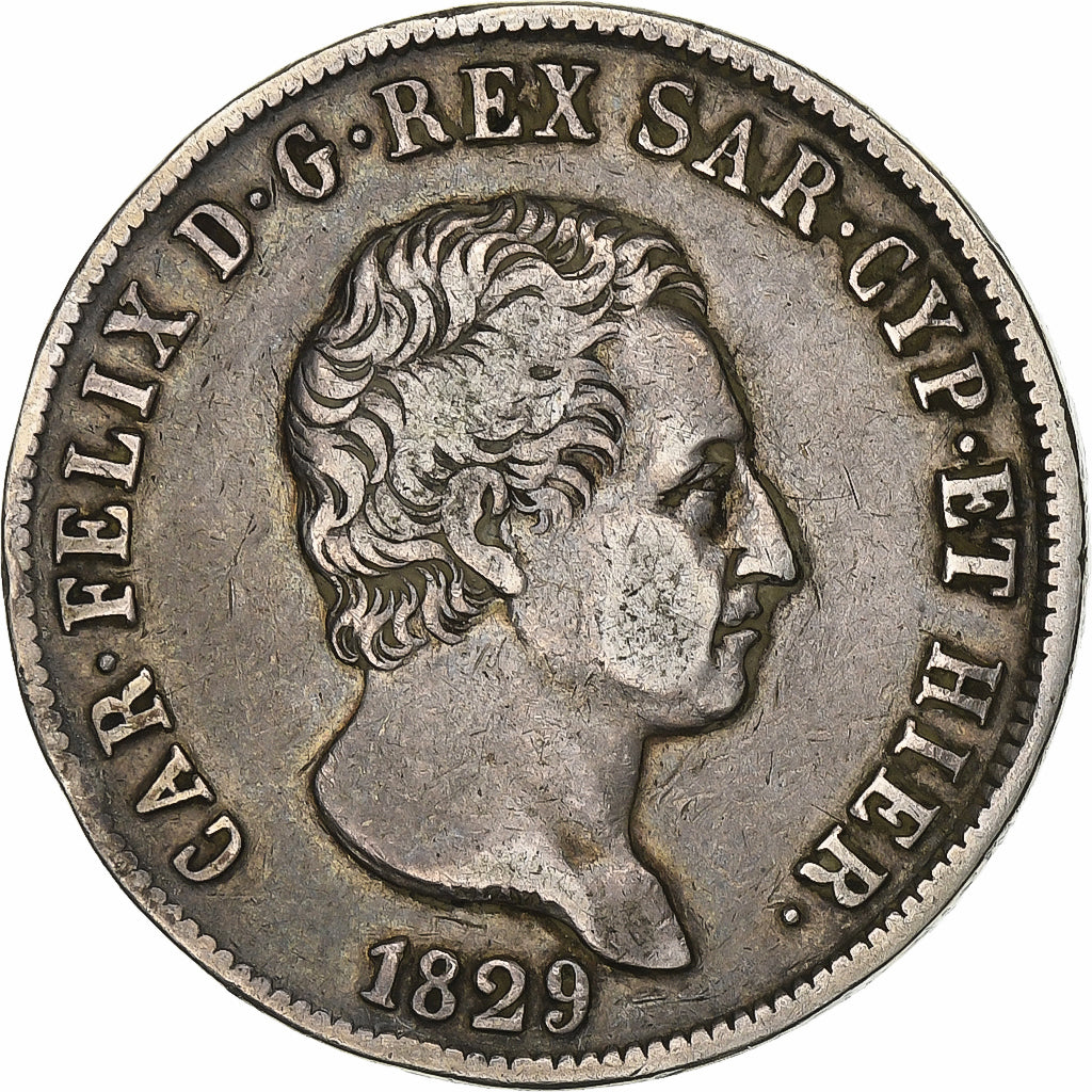 ITALIAN STATES, 5 Lire, 1829, Genoa, KM #116.2, EF(40-45), Silver, 37, 24.72