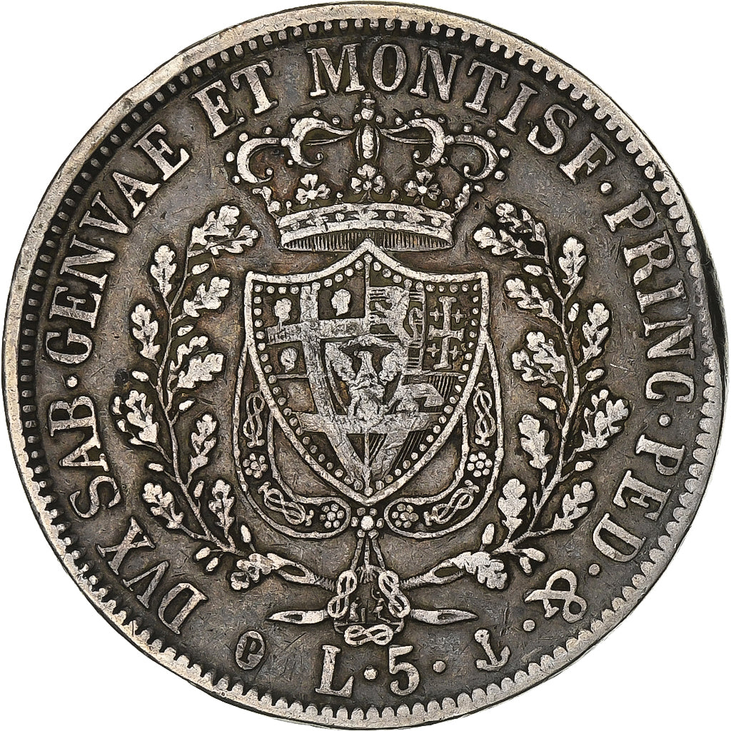 ITALIAN STATES, 5 Lire, 1829, Genoa, KM #116.2, EF(40-45), Silver, 37, 24.72