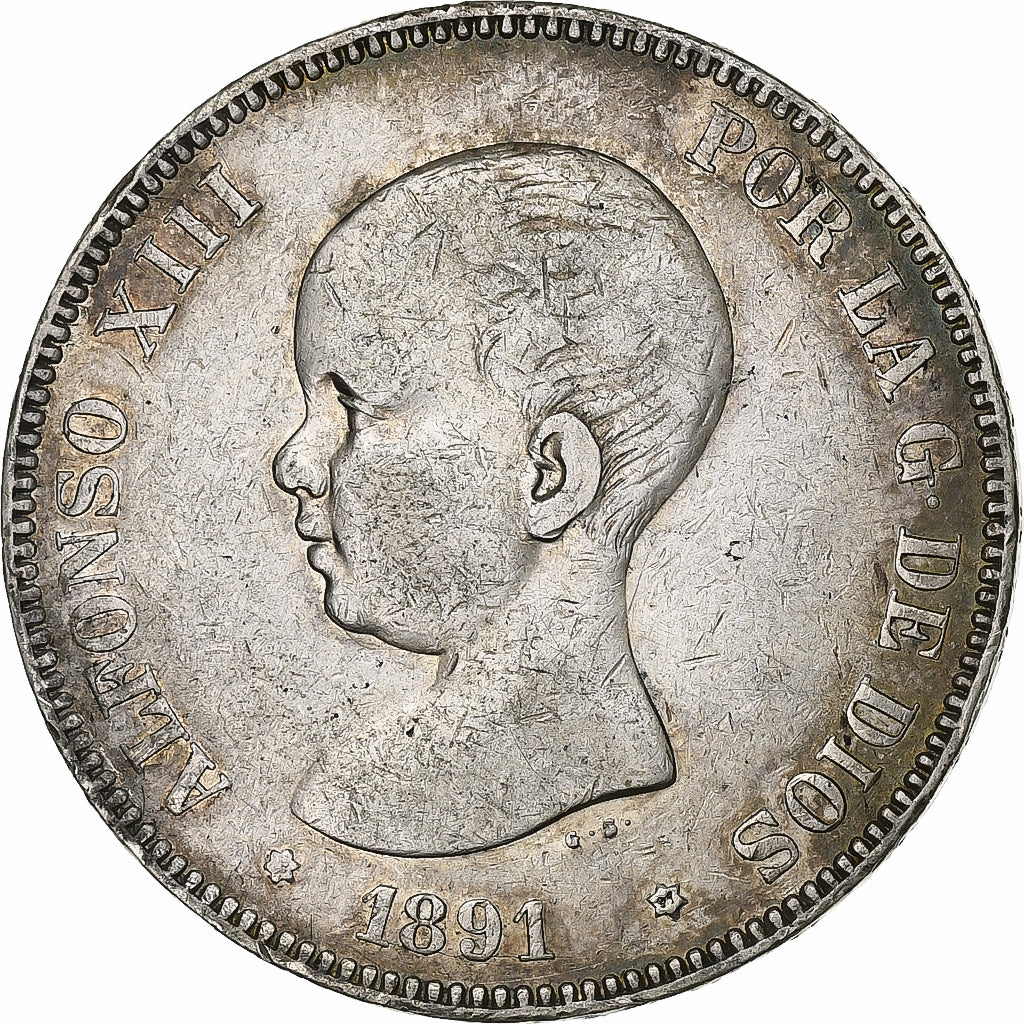Munten, Spanje, Alfonso XIII, 5 Pesetas, 1891, ZF, Zilver, KM:689