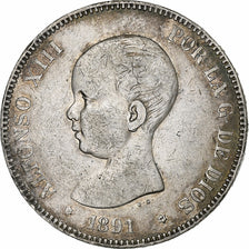 Moeda, Espanha, Alfonso XIII, 5 Pesetas, 1891, EF(40-45), Prata, KM:689