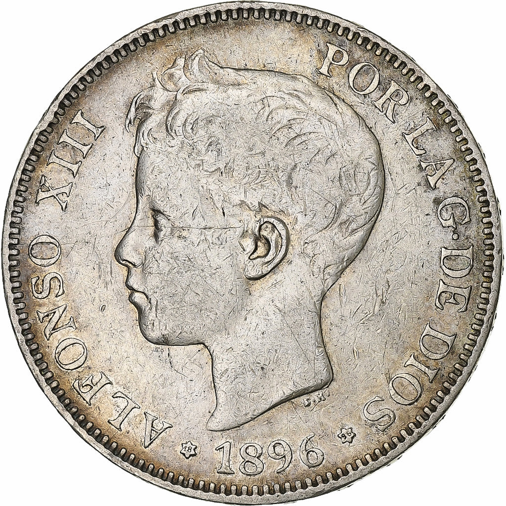 Spain, Alfonso XIII, 5 Pesetas, 1896, Valencia, Silver, AU(50-53), KM:707