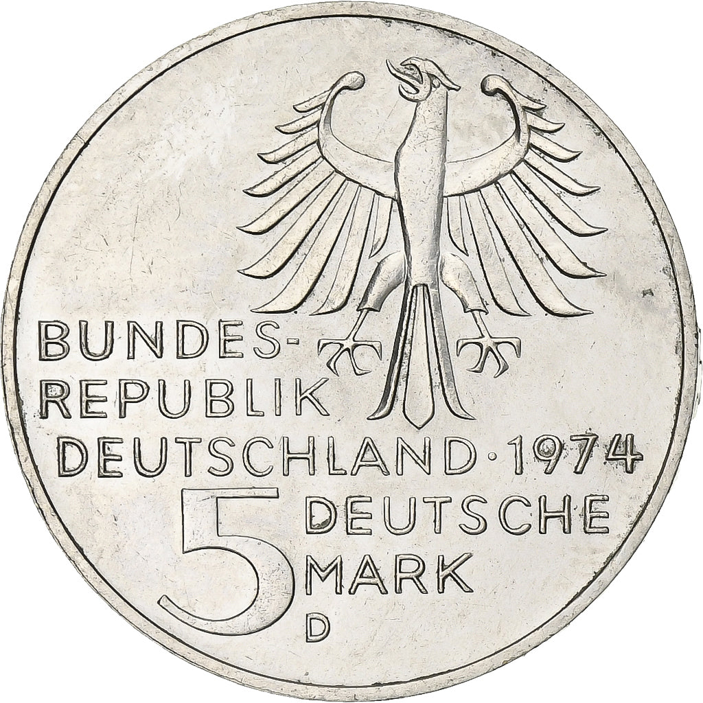 ALEMANIA - REPÚBLICA FEDERAL, 5 Mark, 1974, Munich, SC, Plata, KM:139