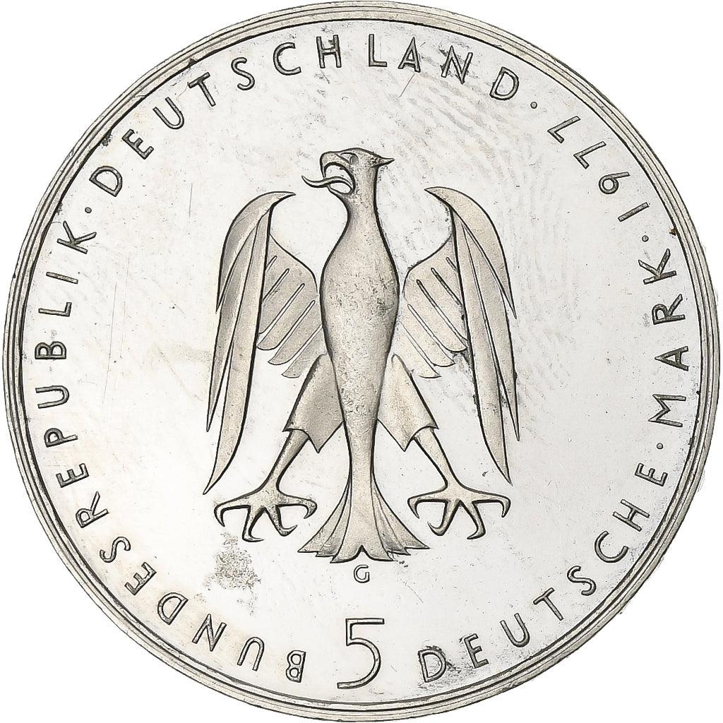 ALEMANHA - REPÚBLICA FEDERAL, 5 Mark, 1977, Karlsruhe, Prata, MS(60-62), KM:146