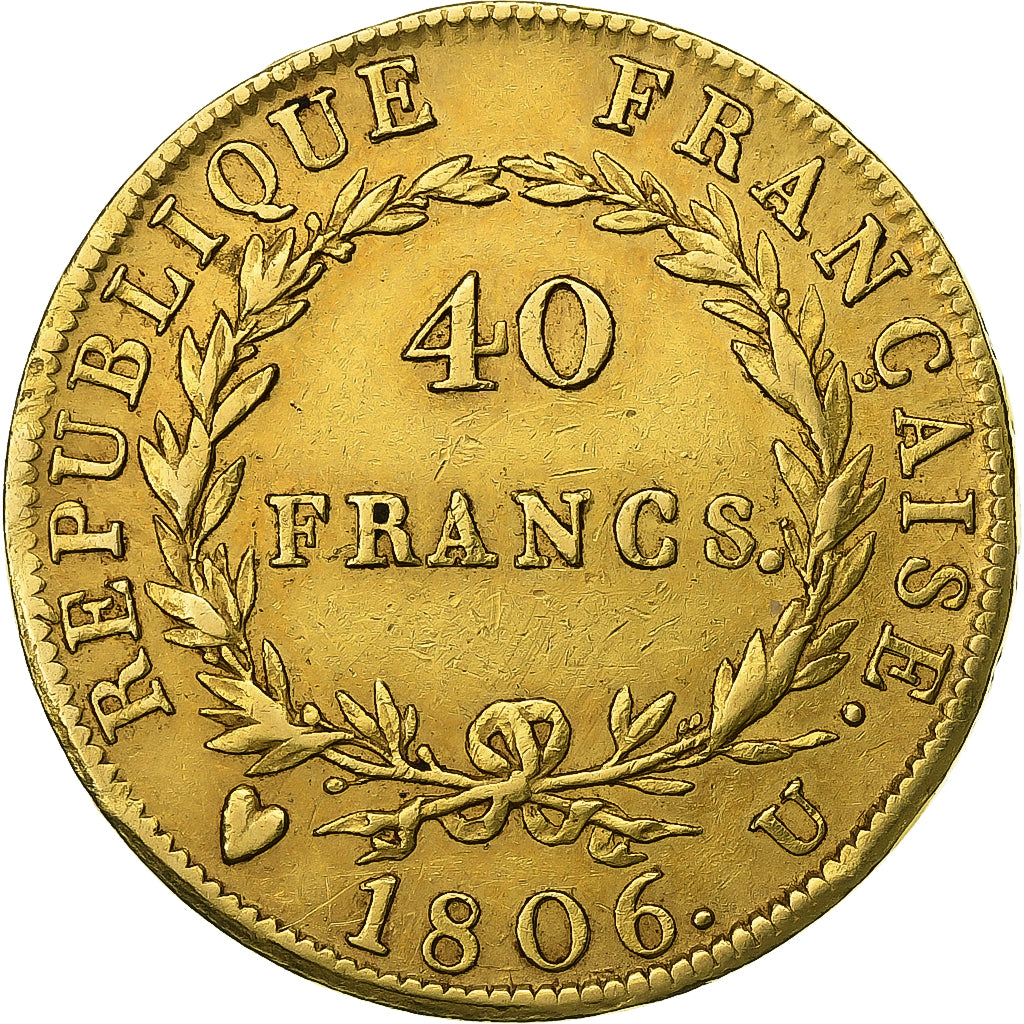 Francia, Napoléon I, 40 Francs, 1806, Torino, BC+, Oro, KM:675.5, Gadoury:1082