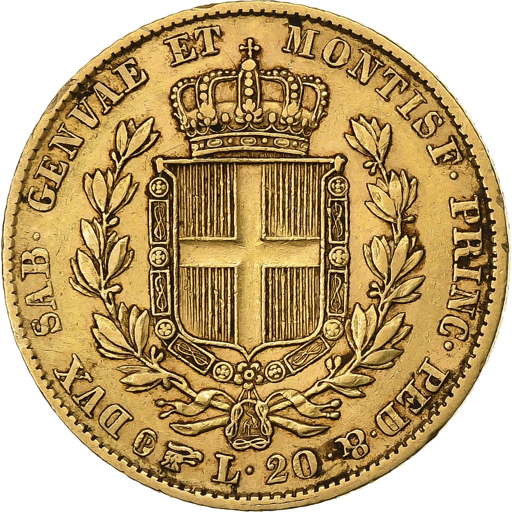 DEPARTAMENTY WŁOSKIE, SARDINIA, Carlo Alberto, 20 Lire, 1844, Torino, Złoto